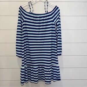 Cabana Life Delray Off Shoulder Navy & White Striped Dress Womens Size Large